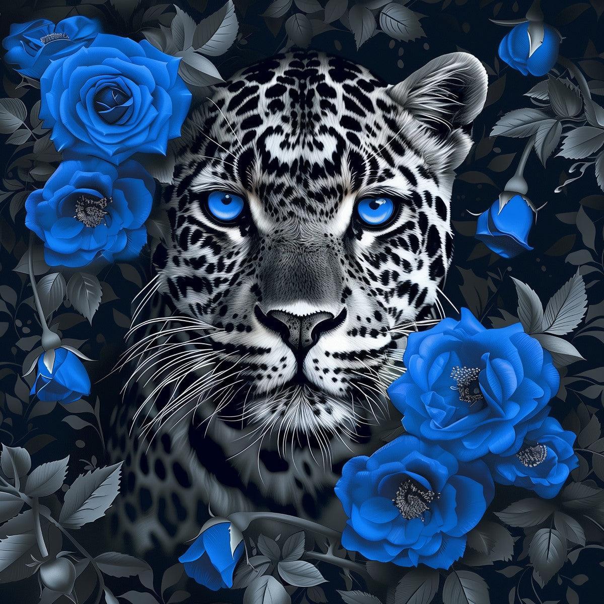 Luipaard met blauwe rozen