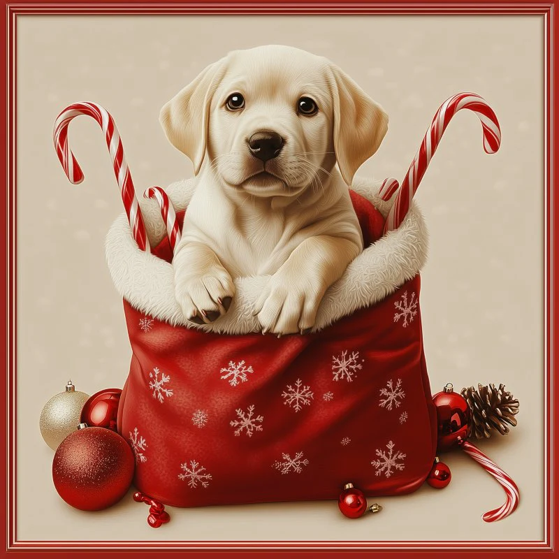 Puppy in kerstzak