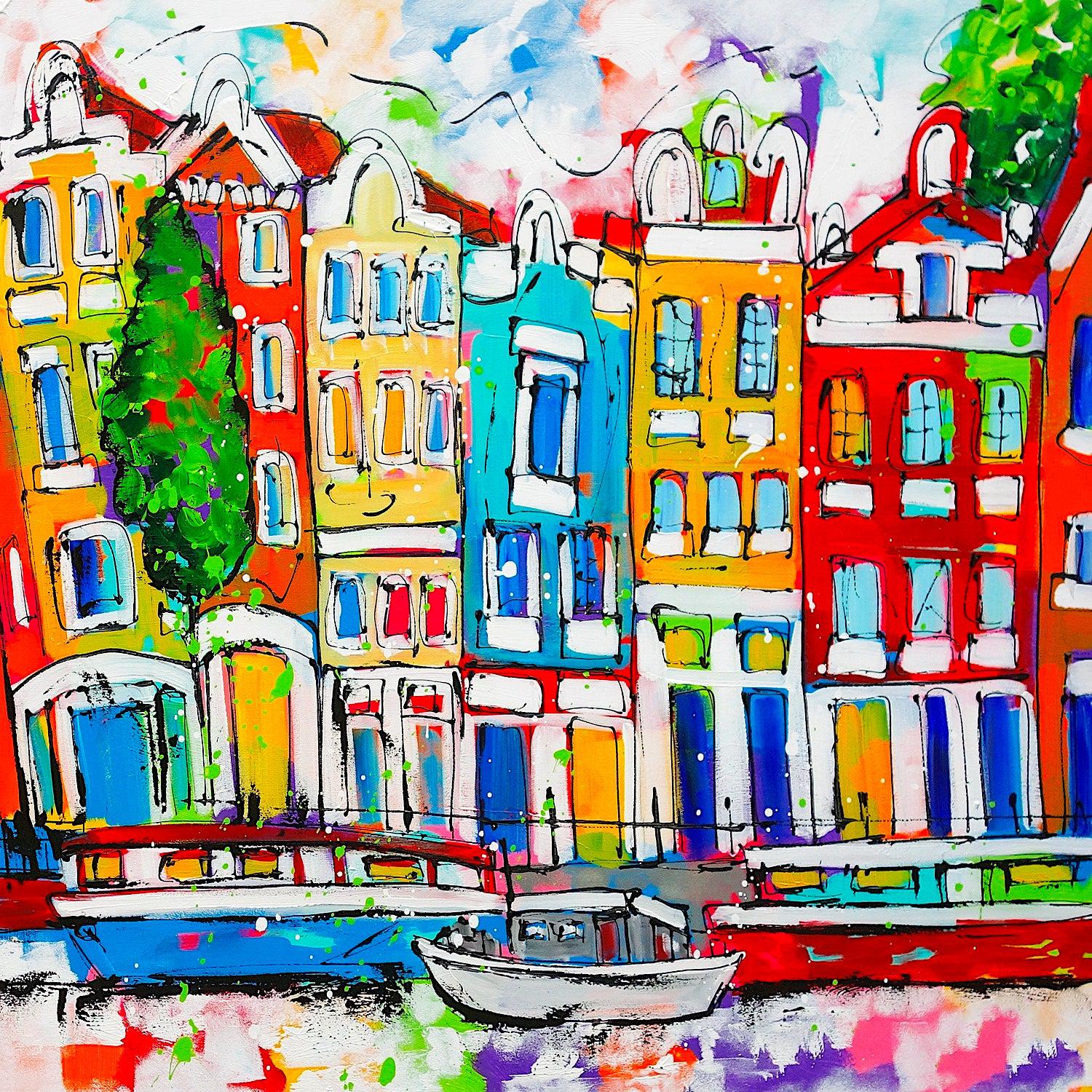 Vrolijk Schilderij - Grachtenpanden met bootjes