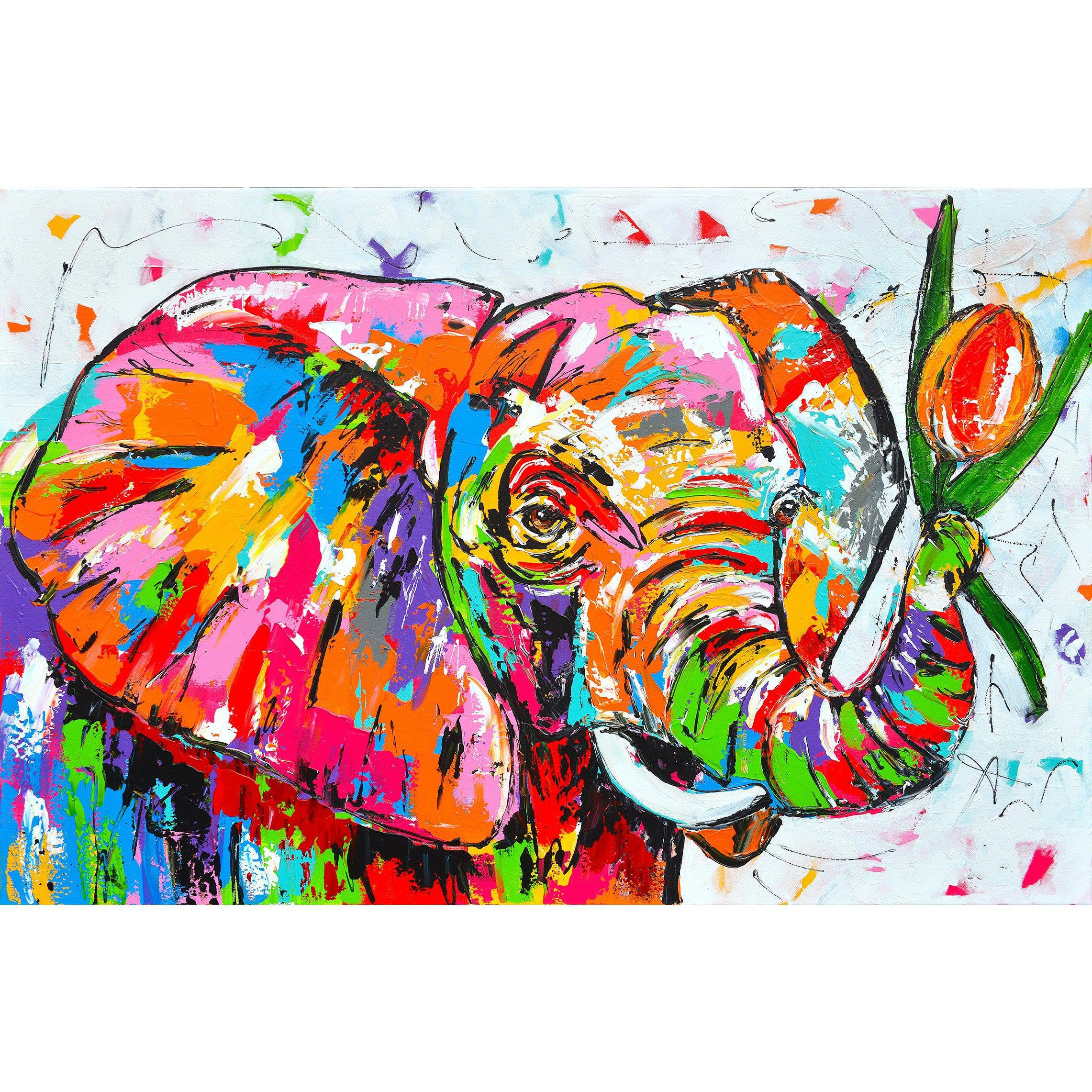 Vrolijk Schilderij - Olifant met Tulp